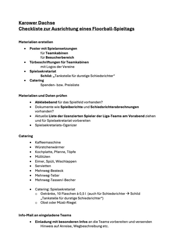Karower Dachse - Checkliste zur Ausrichtung eines Floorball-Spieltags