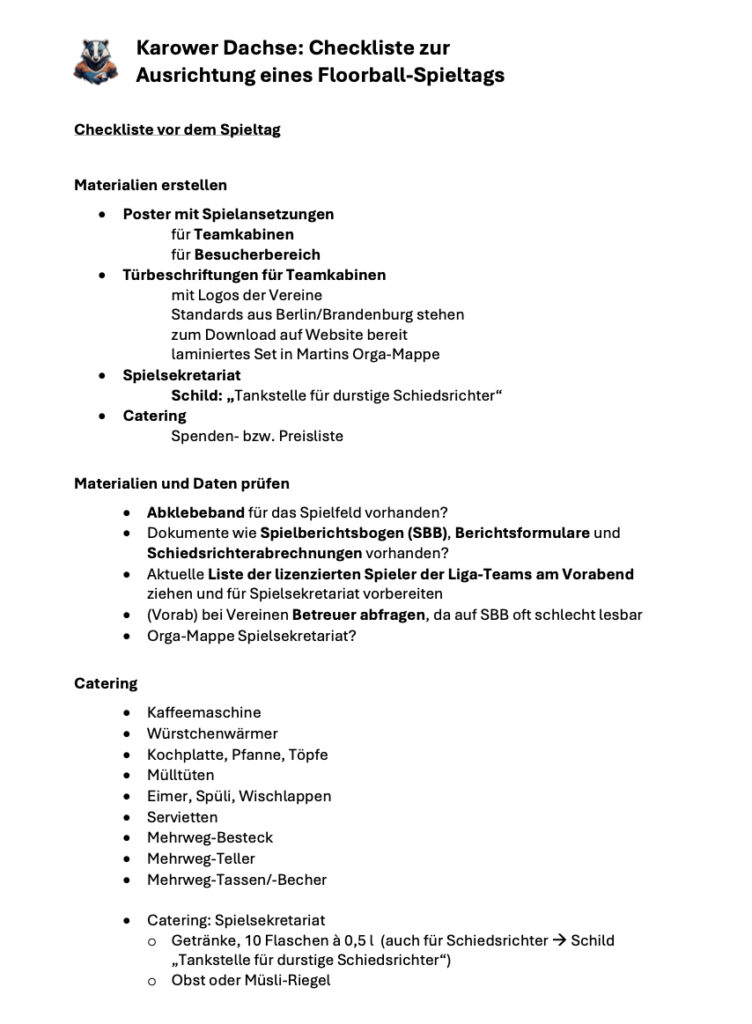 Karower Dachse - Checkliste zur Ausrichtung eines Floorball-Spieltags