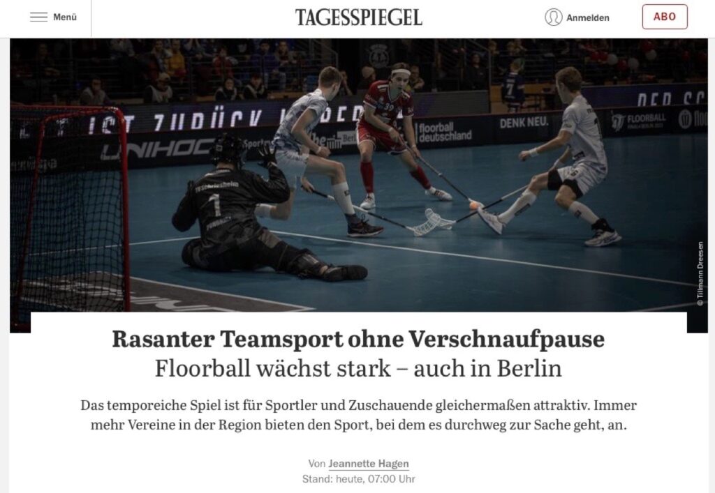 Beitrag im Tagesspiegel vom 30. Juli 2025: Rasanter Teamsport ohne Verschnaufpause - Floorball wächst stark − auch in Berlin